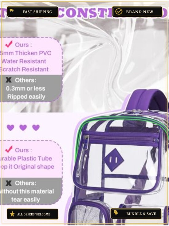 Clear Backpack Heavy Duty PVC Stadium Approved See Through Bookbag for School main image 4